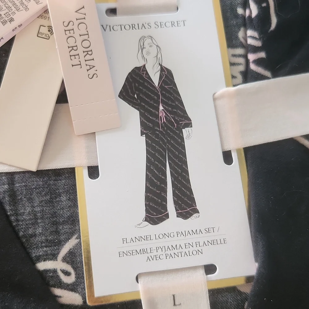 Victoria's Secret Flannel Long Black and Pink Pajama Set - Picture 2 of 4